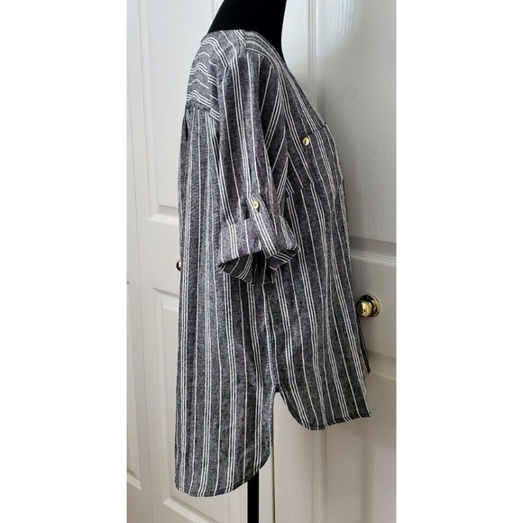 NWT Anne Klein Women's White Gray Linen Tunic 1/4 Zip Roll Tab Sleeve Top Sz M - Picture 4 of 8